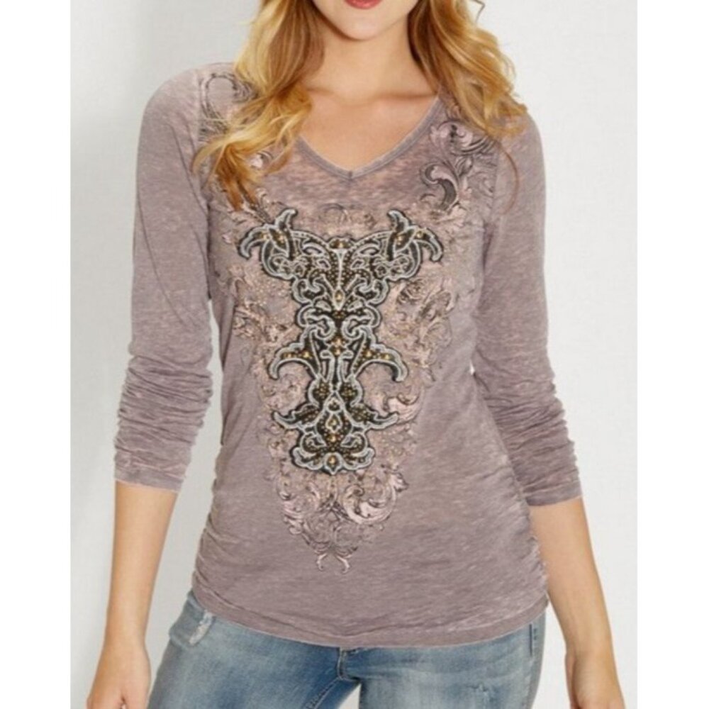 Maurices PLUS XXL Burnout Tee Fabric Applique Goldtone Studs Rocker Chic Tunic